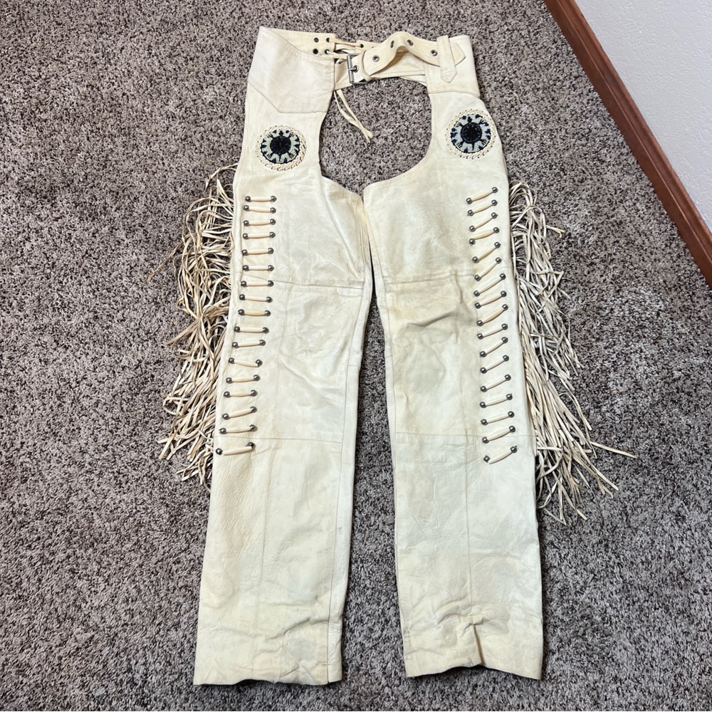 VTG Antelope Creek Cream Leather Fringe Beaded Biker Motorcycle Chaps Size XS
